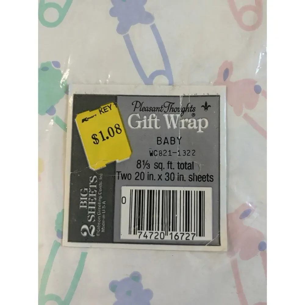 Vtg 90s Gibson Pleasant Thoughts Baby Gift-Wrap Sealed 2 Sheets Safety Pins